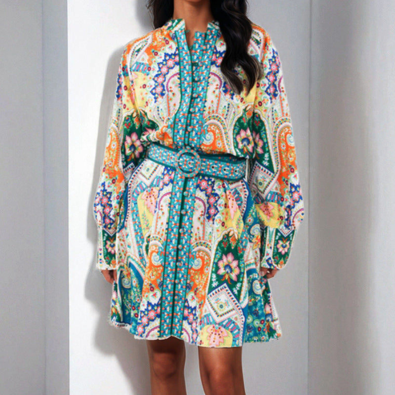 2025 Amazon Foreign Trade European and American Cross-border Women's French Vintage Print V-neck Long Sleeve Pleated European and American Dress