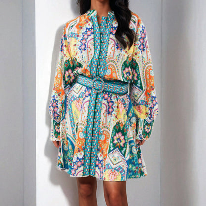 2025 Amazon Foreign Trade European and American Cross-border Women's French Vintage Print V-neck Long Sleeve Pleated European and American Dress