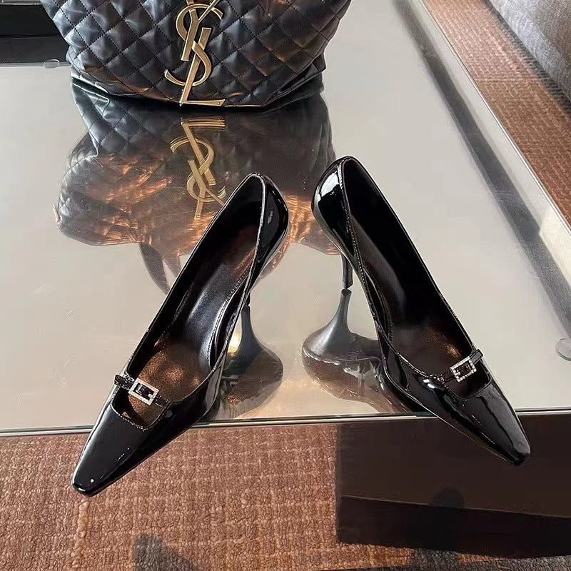 Cross-border custom black high heels pointed toe women's single shoes small fragrance style women's shoes summer thin heel patent leather square toe women's shoes