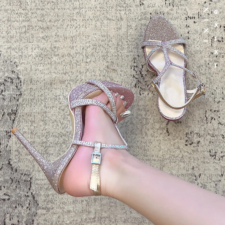 WO Huizhou 2026 new platform high heels, European and American fashion rhinestone cross belts, Greit mermaid thin heels