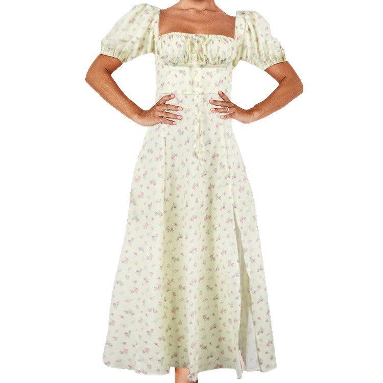 Primavera 2026: Nova coleção transfronteiriça europeia de roupas femininas elegantes e sensuais, com decote quadrado, laço e racha floral.