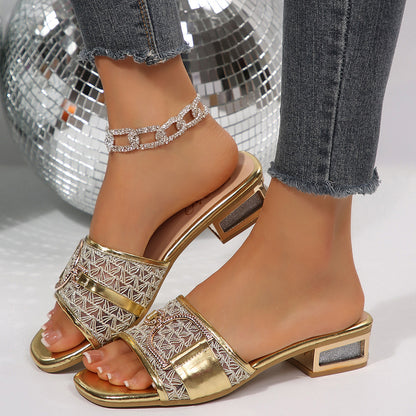 European and American cross-border foreign trade wholesale high-heeled sandals, women's slippers, elegant chain decorative buttons, square-toe sandals