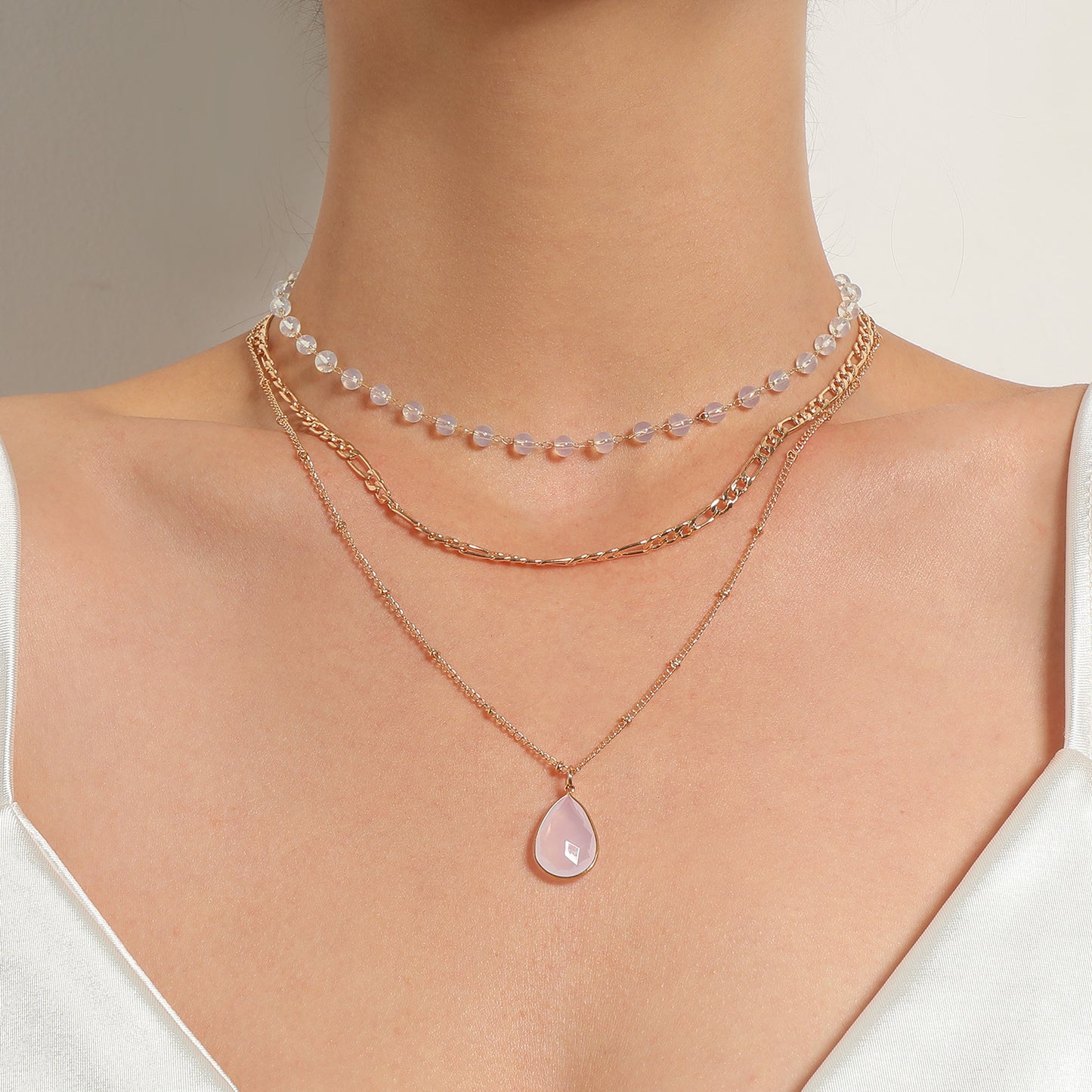 European and American cross-border jewelry multi-element protein bead crystal pendant necklace fashion three-to-one chain drop necklace