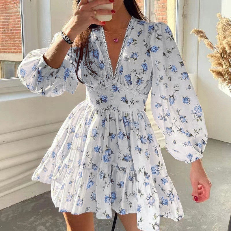 2026 Amazon European and American Clothing Temperament Sweet Floral High Waist Slim V-Neck Short Long Sleeve European and American Dress