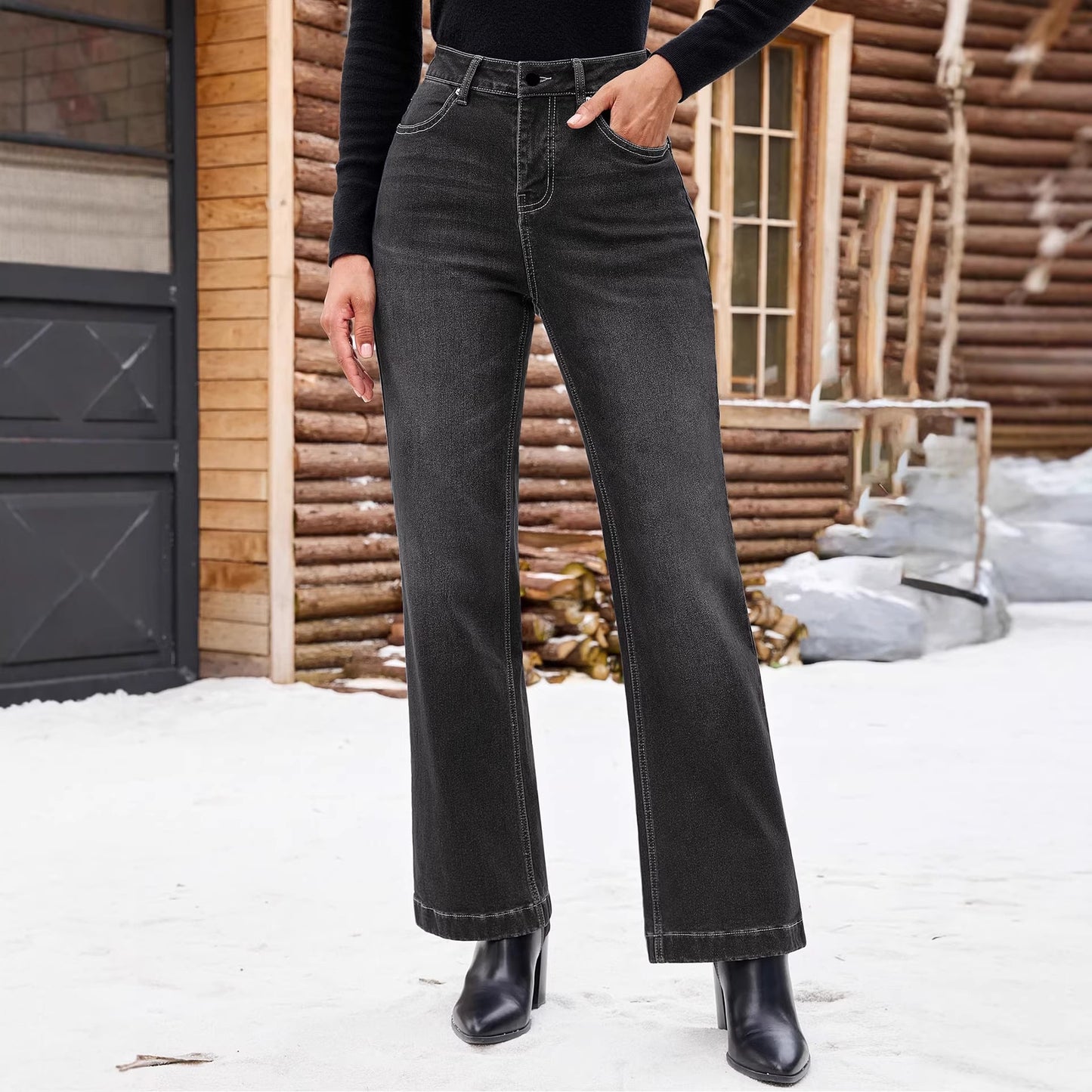 European and American cross-border foreign trade women's jeans, black and gray fashionable minimalist slim straight-leg denim pants for women, JEANS