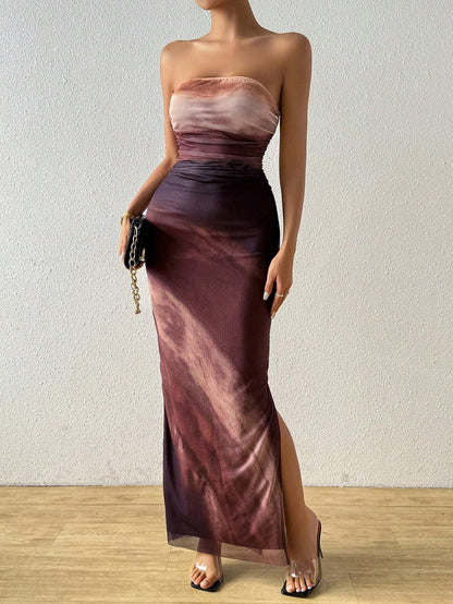 Spot cross-border 2024 European and American Amazon mesh gradient ruffles sexy skinny slit strap bandeau long skirt