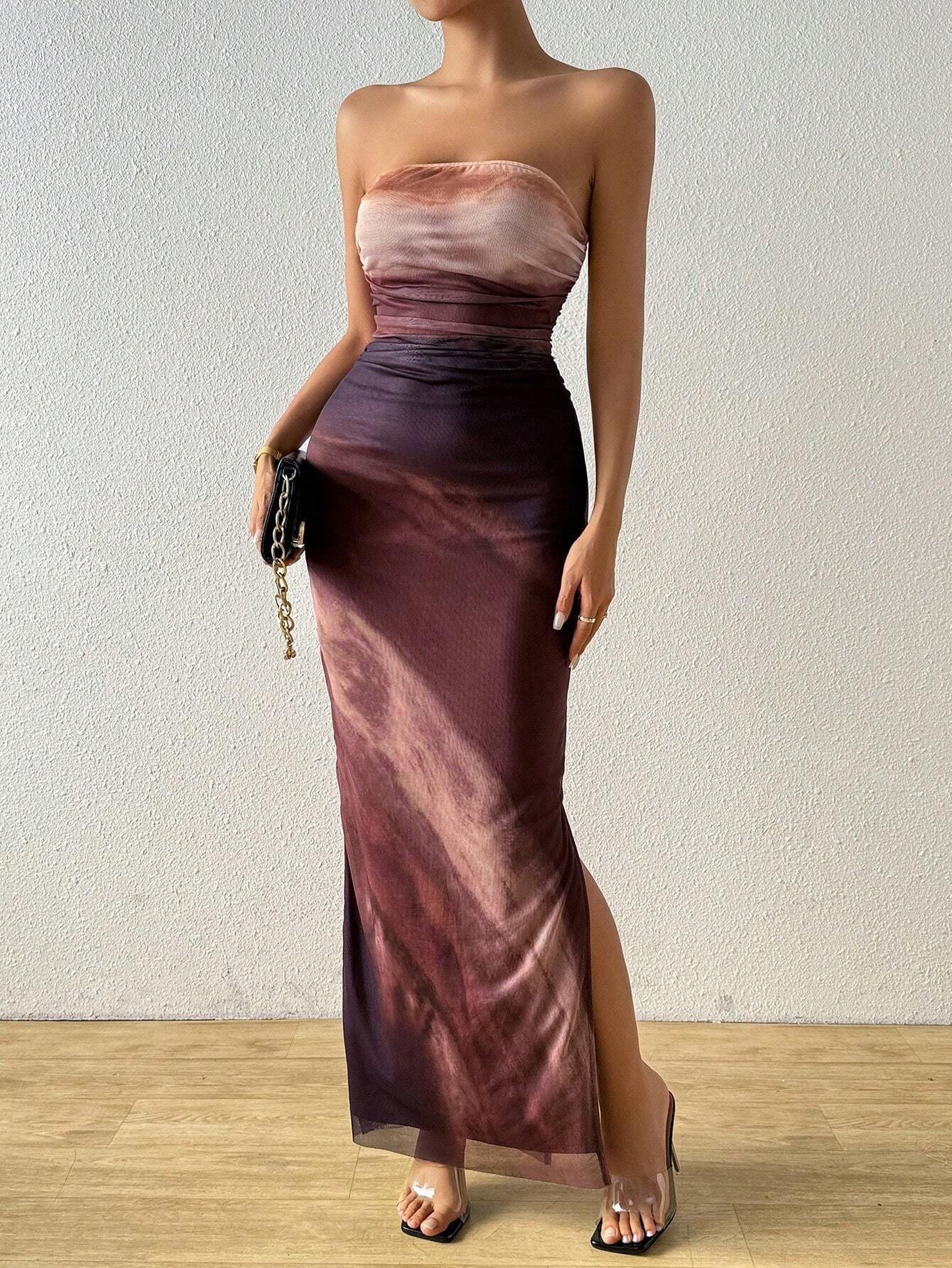 Spot cross-border 2024 European and American Amazon mesh gradient ruffles sexy skinny slit strap bandeau long skirt