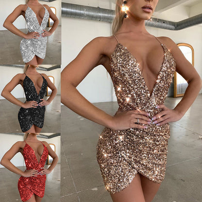 2025 European and American Spring New Cross-border Amazon Sexy Fashion V-Neck Sequin Slip Dress Dress 661
