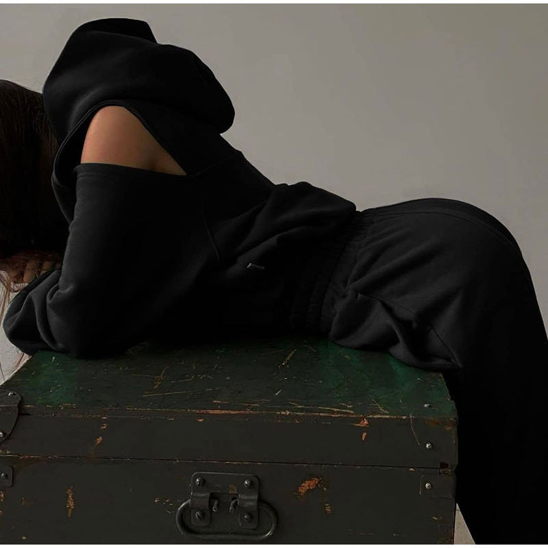 2026 new fashionable and versatile long-sleeved fleece sweatshirt elastic band trouser suit European and American simple style sports suit