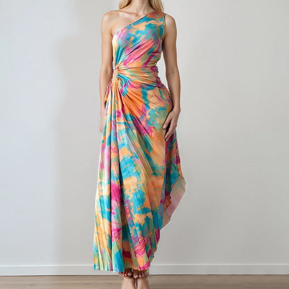 2025 summer new cross-border Amazon European and American fashion elegant and sexy royal sister style slim printed dress