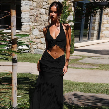 Cross-border spring and summer 2025 new European and American clothing sexy pleated halterneck suspender top fungus long skirt two-piece set