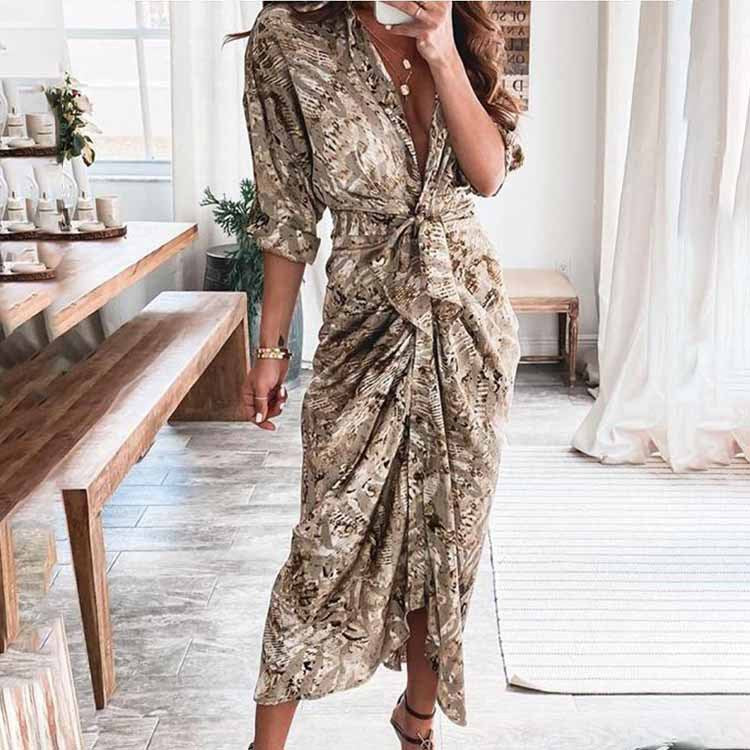 2026 spring new cross-border European and beautiful clothing temperament elegant and sexy print V-neck strap high-waisted dress for women