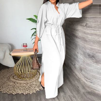 2026 Spring New European and American Cross-border Women's INS Casual Fashion Stand Up Collar Slit Long Skirt Solid Color Dress