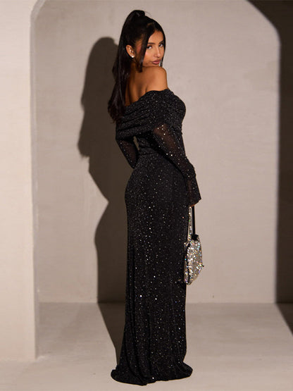 Foreign trade autumn and winter new European and beautiful women's clothing sexy one-shoulder mesh gauze sprinkled silver waist and hip wrap dress dress for women