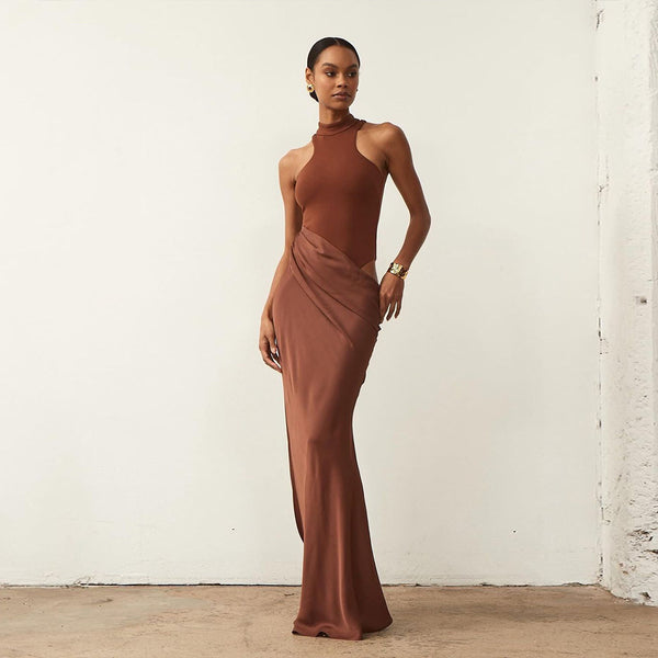 Cross-border European and American women's clothing 2025 spring/summer new solid color turtleneck sexy sleeveless cut-out splicing hip-hugging dress for women