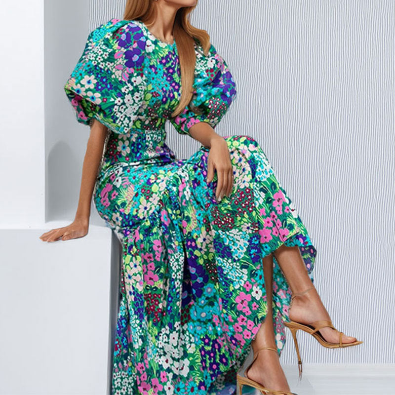 Cross-border women's clothing 2026 new fashion long skirt printed floral small daisy pastoral slim crew neck mermaid dress