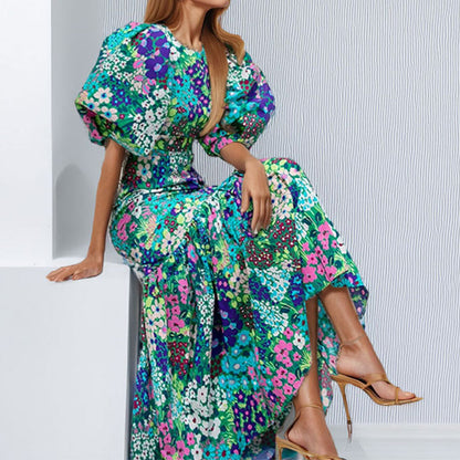 Cross-border women's clothing 2026 new fashion long skirt printed floral small daisy pastoral slim crew neck mermaid dress