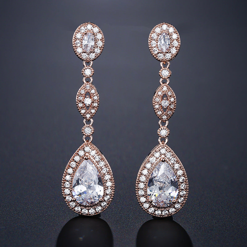 RAKOL European and American Classic Vintage Long Water Drop Zircon Earrings Feminine Bridal Banquet Dress Wedding Dress Earrings