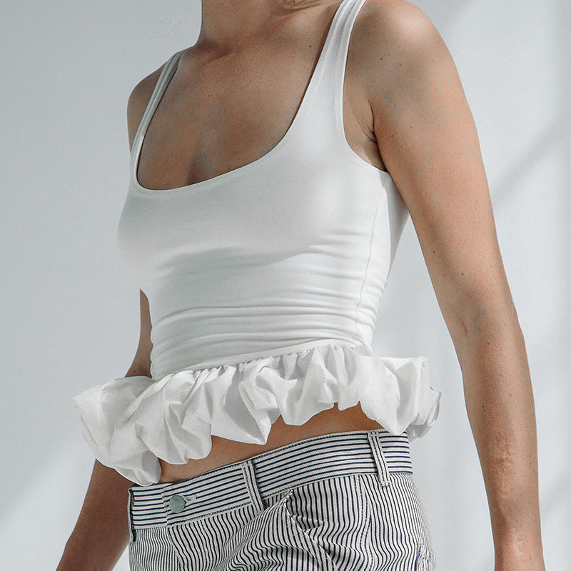 2025 spring/summer new European and beautiful clothing solid color sleeveless slim back open back bubble edge sexy little vest top for women