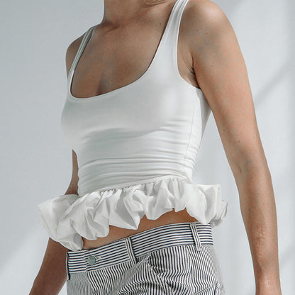 2025 spring/summer new European and beautiful clothing solid color sleeveless slim back open back bubble edge sexy little vest top for women