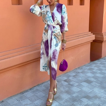 Conjunto de duas peças Amazon European Beauty Clothing Chic com decote em V, manga comprida e racha sexy