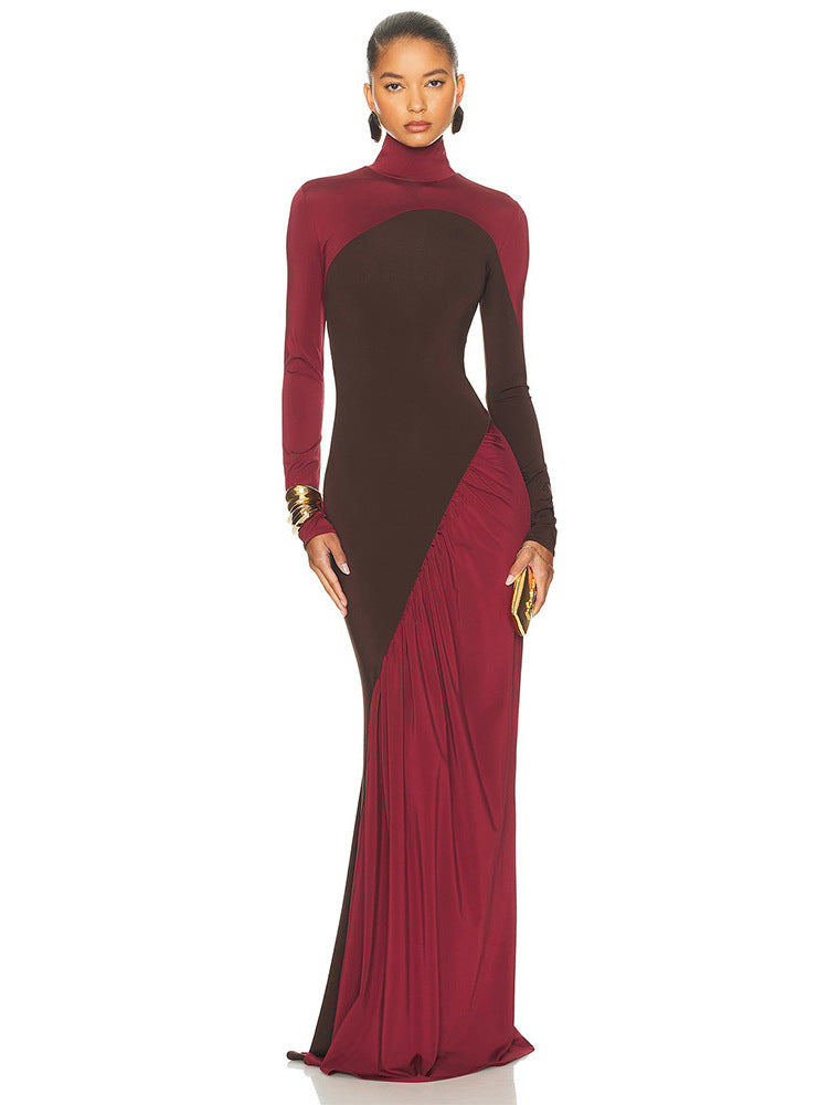 Foreign trade autumn and winter new European and beautiful fashion contrast splicing high neck long sleeve pleated slim hip dress for women