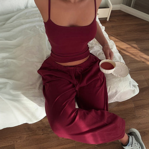 Cross-border European and American women's summer new sexy backless slim suspender elastic drawstring waist wide leg loose suit