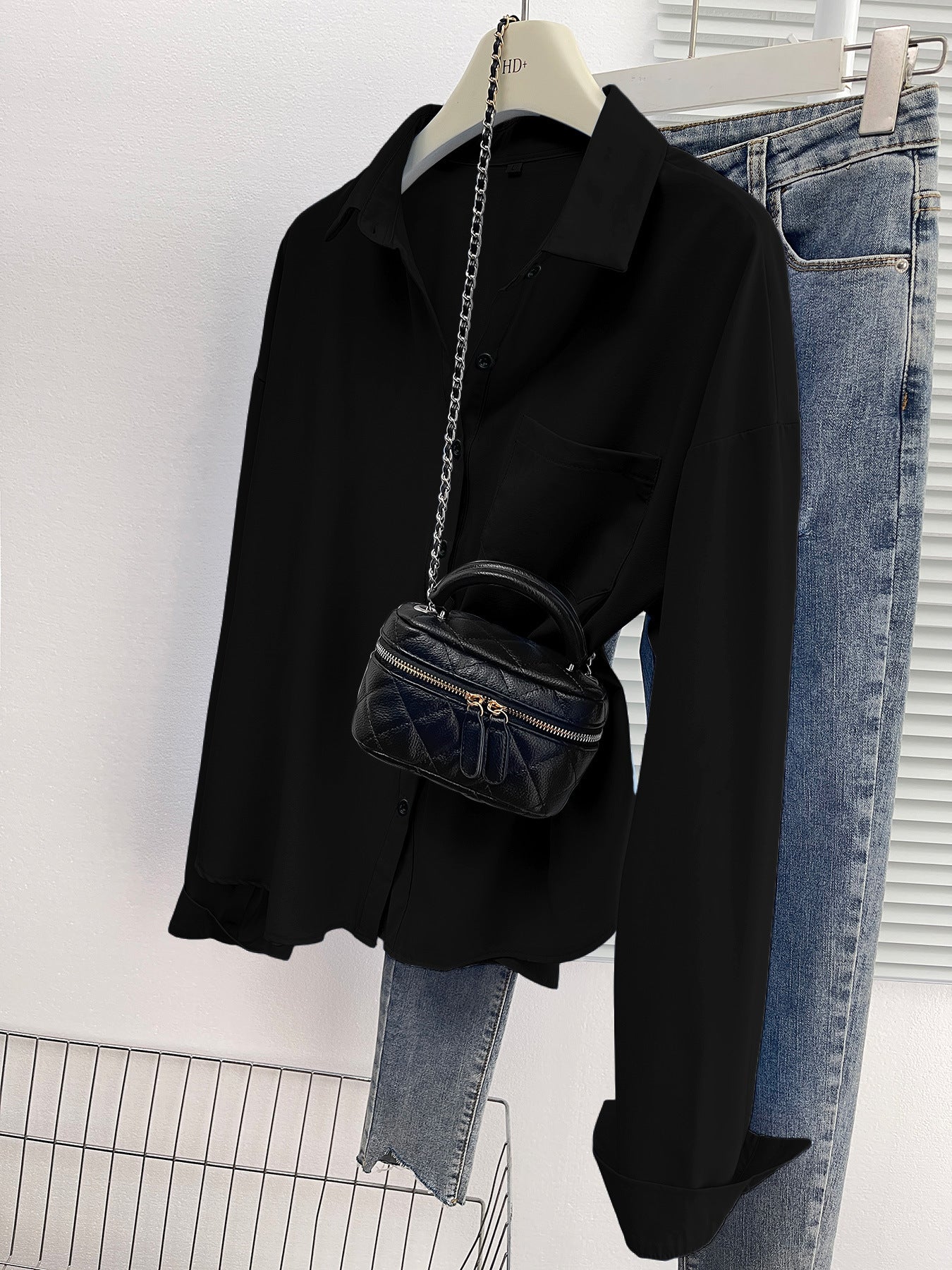 New foreign trade cross-border European and American all-season versatile elegant loose long-sleeve turn-down collar shirt with back button slit