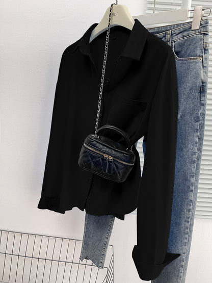 New foreign trade cross-border European and American all-season versatile elegant loose long-sleeve turn-down collar shirt with back button slit