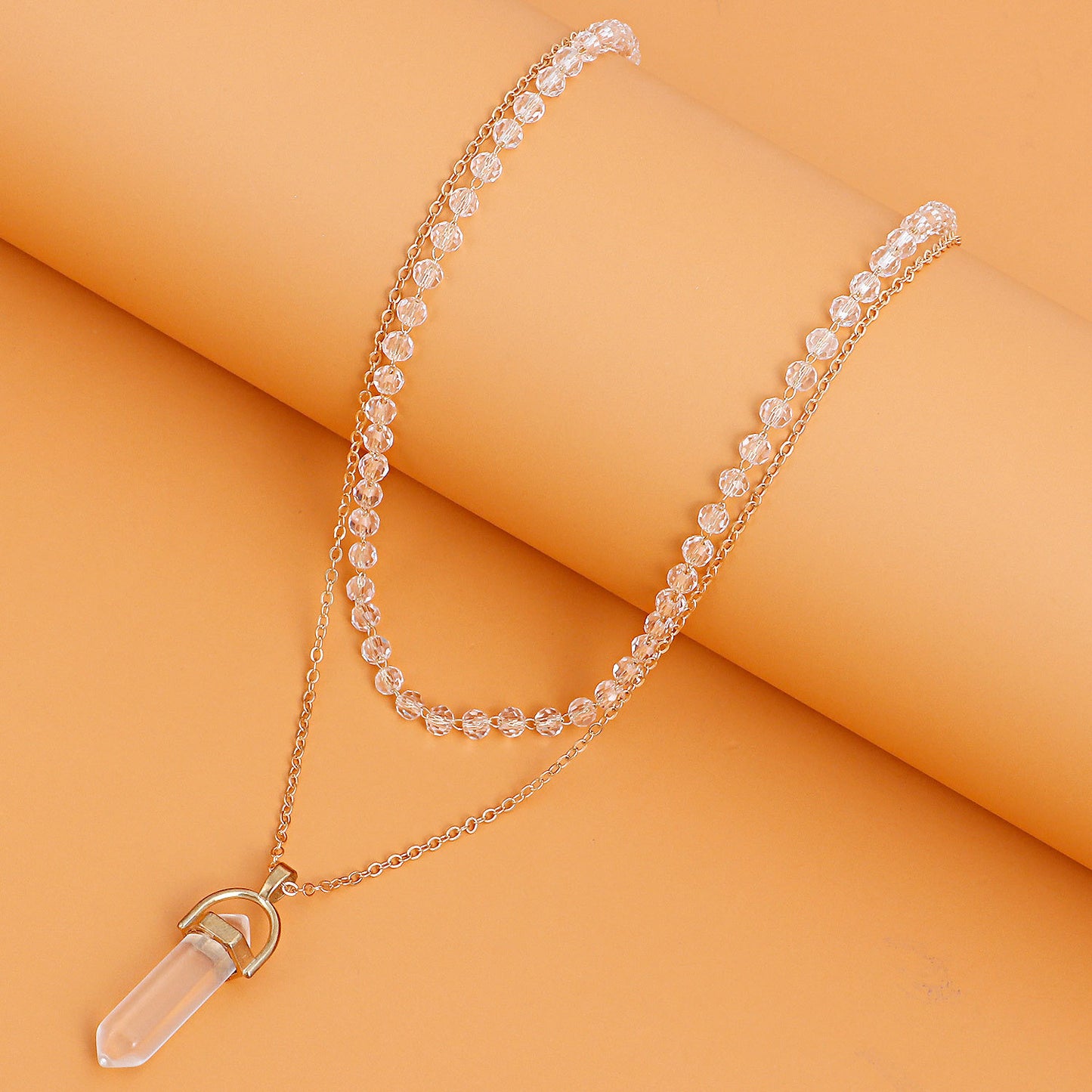 European and American cross-border jewelry fashion simple prismatic hexagonal column pendant necklace women's transparent glass bead chain necklace