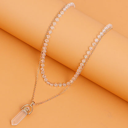European and American cross-border jewelry fashion simple prismatic hexagonal column pendant necklace women's transparent glass bead chain necklace