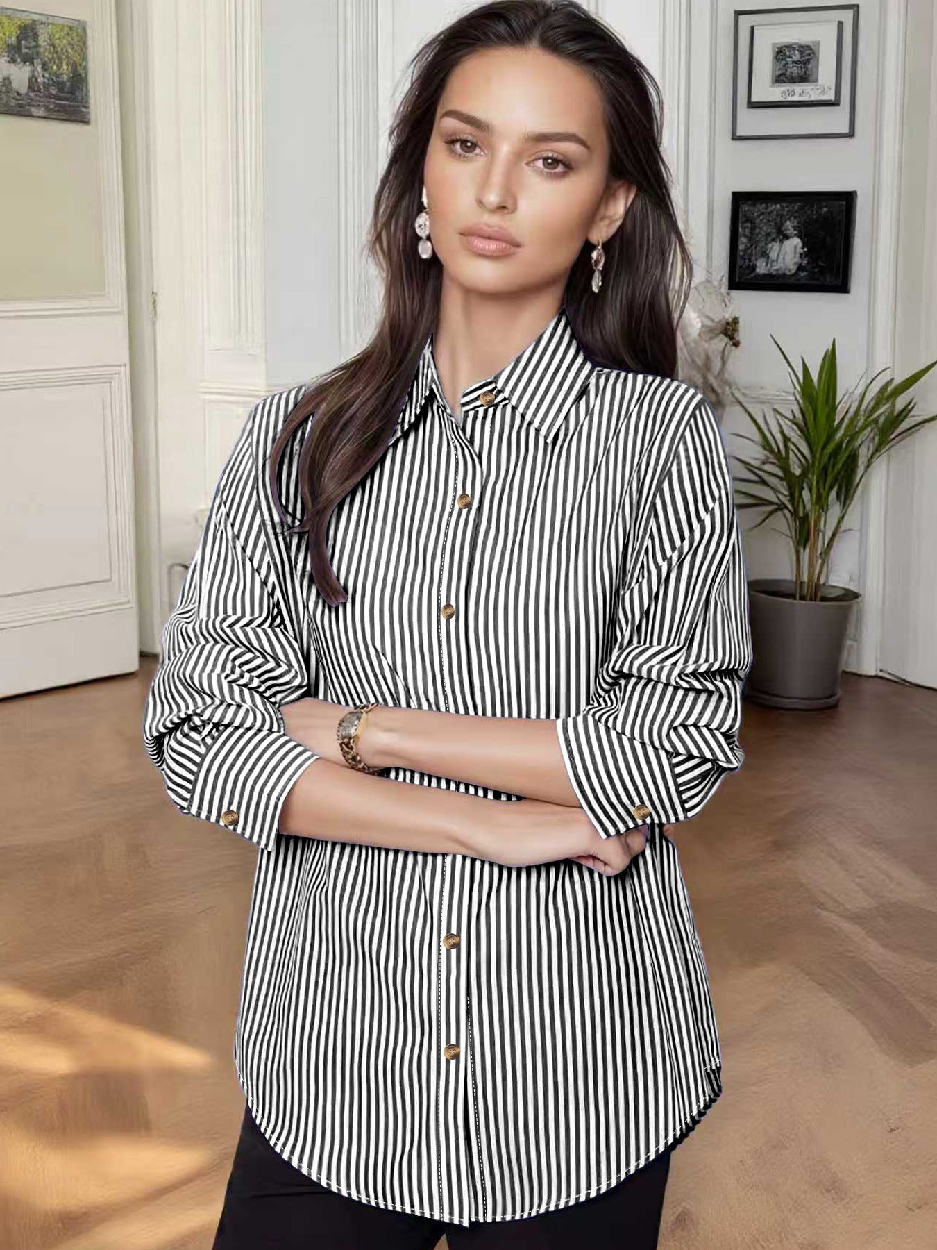 Women's vertical striped shirt, loose lapel-collar long-sleeve shirt, casual commuting versatile striped shirt