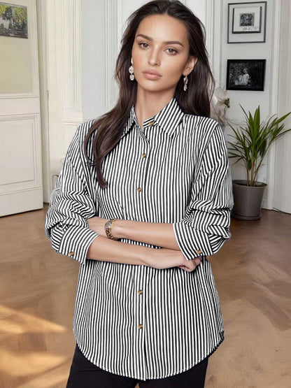 Women's vertical striped shirt, loose lapel-collar long-sleeve shirt, casual commuting versatile striped shirt