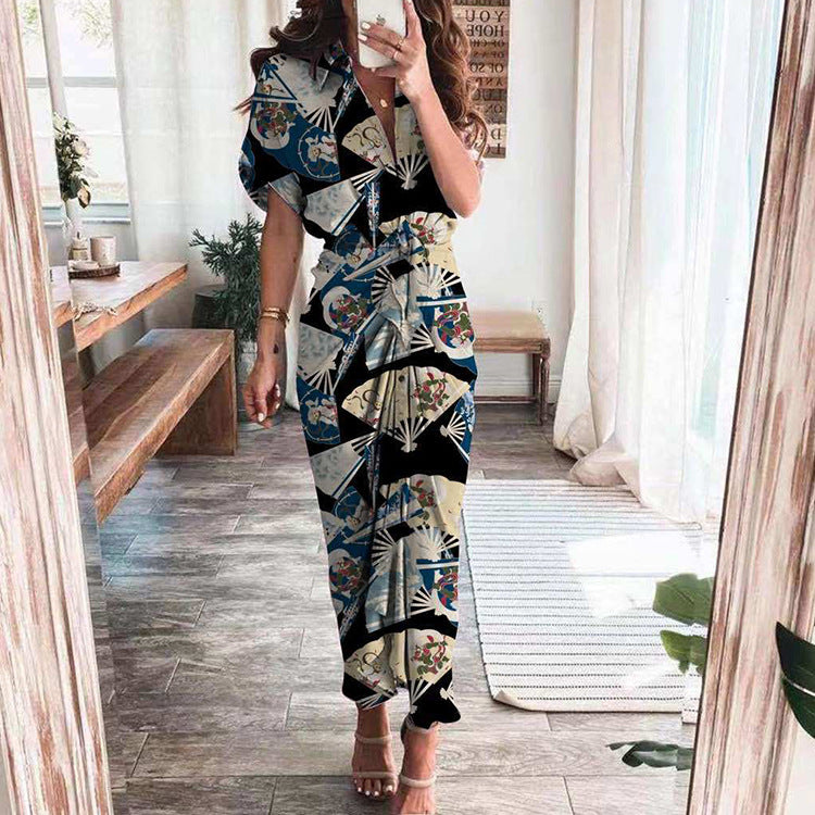 Amazon 2025 Spring New European and American Women's Short Sleeve Temperament Fashion Commuter High Waist Printed Cardigan Dress