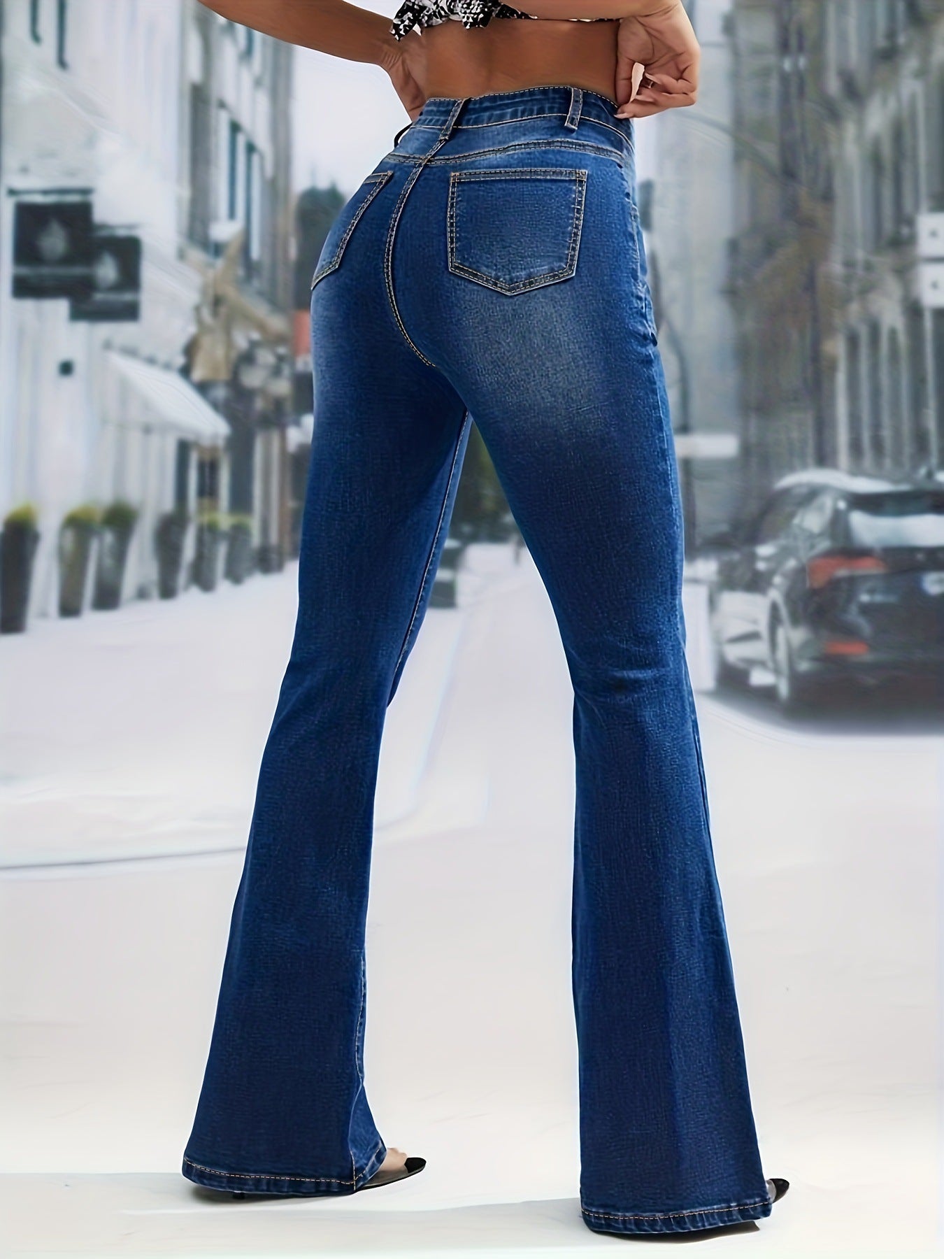 New bootcut American jeans, high-waisted single-breasted jeans, high-waisted stretch skinny denim trousers