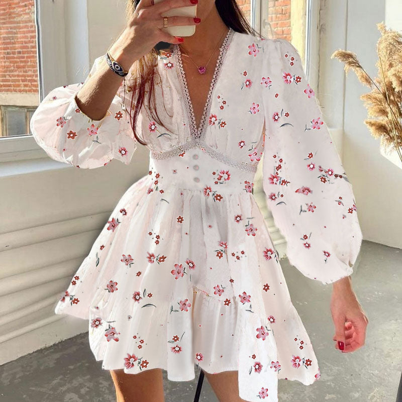 2026 Amazon European and American Clothing Temperament Sweet Floral High Waist Slim V-Neck Short Long Sleeve European and American Dress