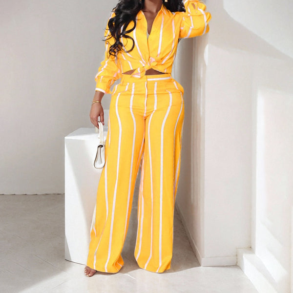 Cross-border 2025 Amazon Spring New European and American Clothing Printed Striped Shirt Top Pants Suit for Women