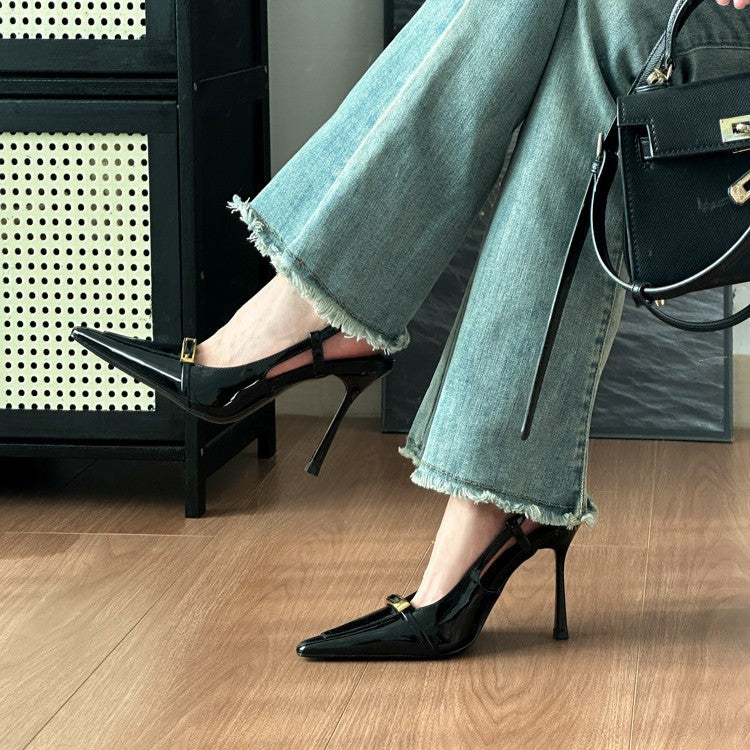 YX2026 Autumn European and American New Metal Buckle Pointed Toe Stiletto Heel Sandals Patent Leather Sexy Back Hollow Toe Pumps Women's Shoes