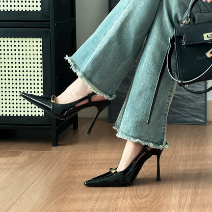 YX2026 Autumn European and American New Metal Buckle Pointed Toe Stiletto Heel Sandals Patent Leather Sexy Back Hollow Toe Pumps Women's Shoes