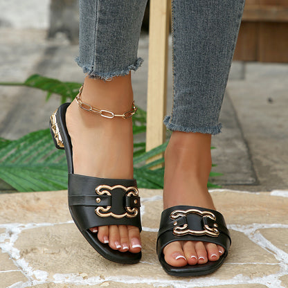 Fashionable and comfortable women's square-toe high-heeled sandals, women's slippers, elegant versatile metal decorative buckle square-toe sandals