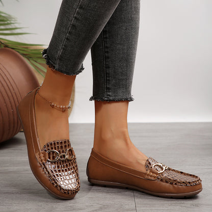 OEM cross-border women's shoes, export brown crocodile pattern women's loafers, women's flat casual shoes, everyday women's shoes