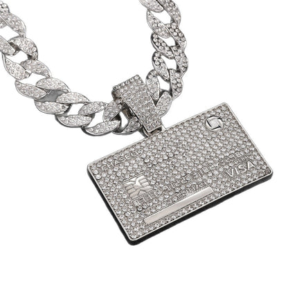European and American hip hop full diamond domineering hang tag pendant necklace men's trend personality street wear Cuban chain necklace