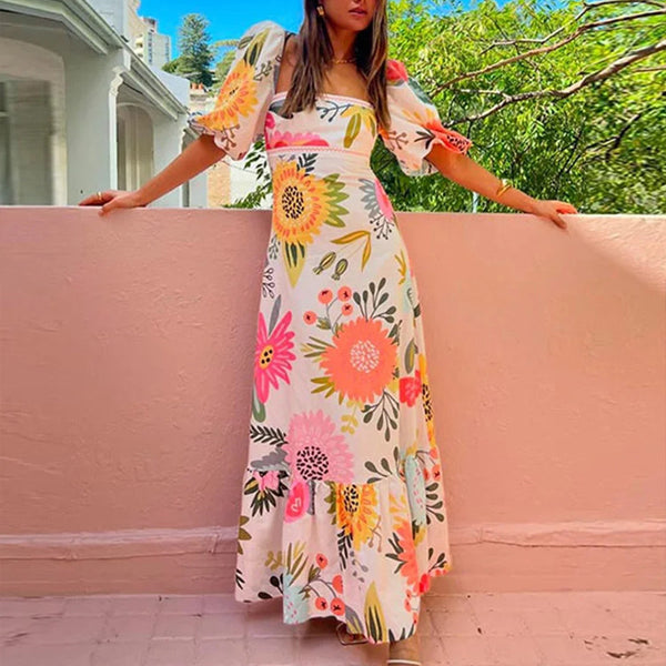 2026 spring new cross-border European and beautiful casual one-line neck printed lantern sleeve slim big swing dress