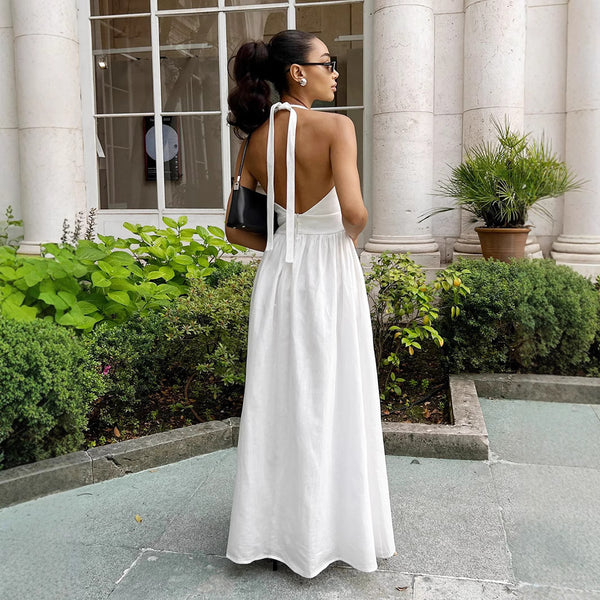 Cross-border spring and summer 2025 new European and beautiful clothing temperament solid color V-neck open back lace-up waist swing dress for women