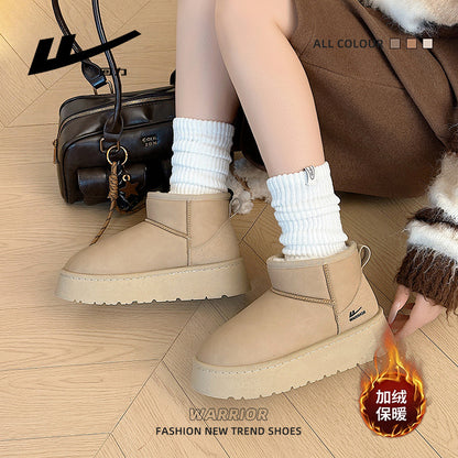 Loose platform cake shoes, leather surface warmth, pull-back snow boots, fleece winter new boots, minimalist style, solid color cotton shoes women