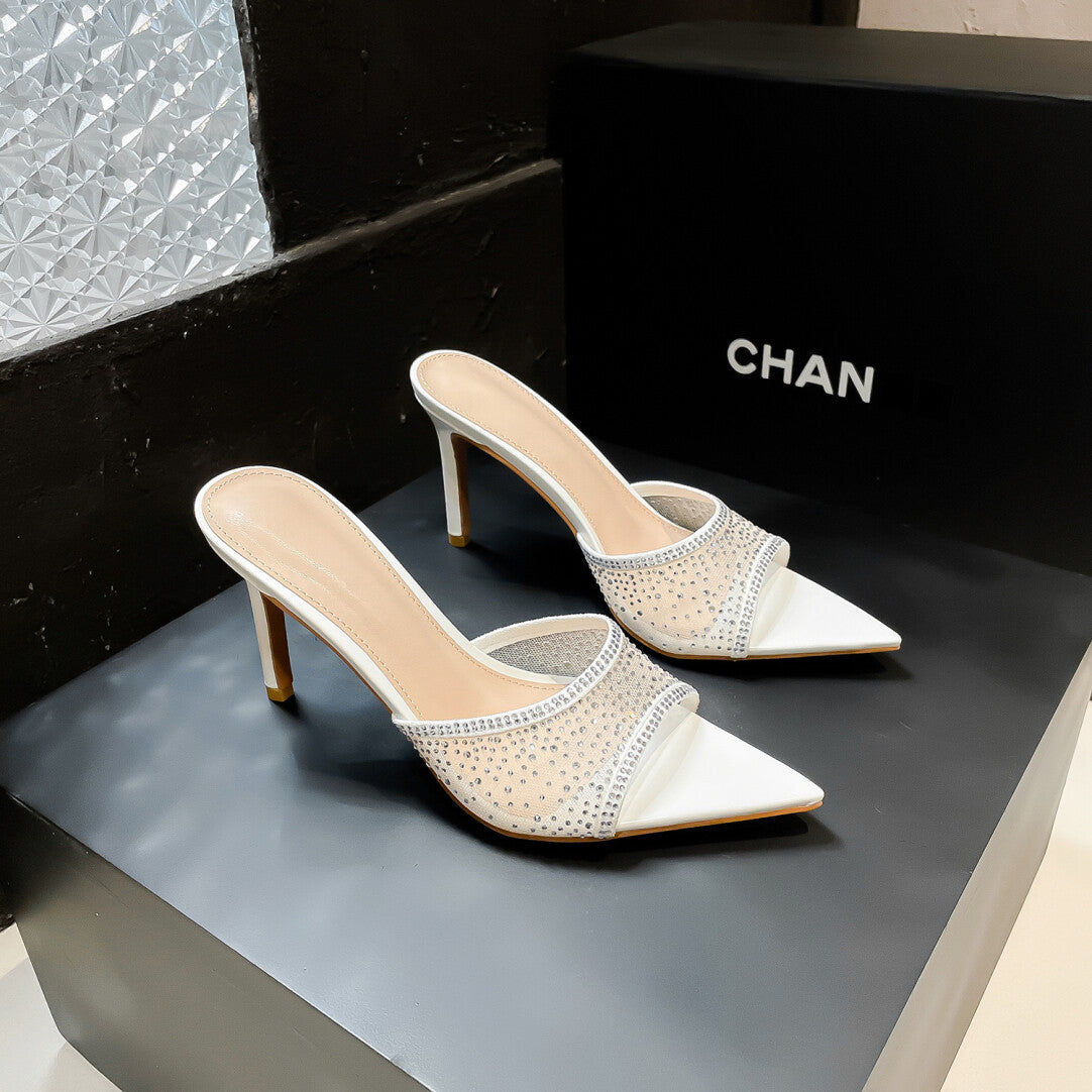 YX open-toe pointed mesh rhinestone sexy slippers women's 2026 summer wear temperament stiletto heeled sandals
