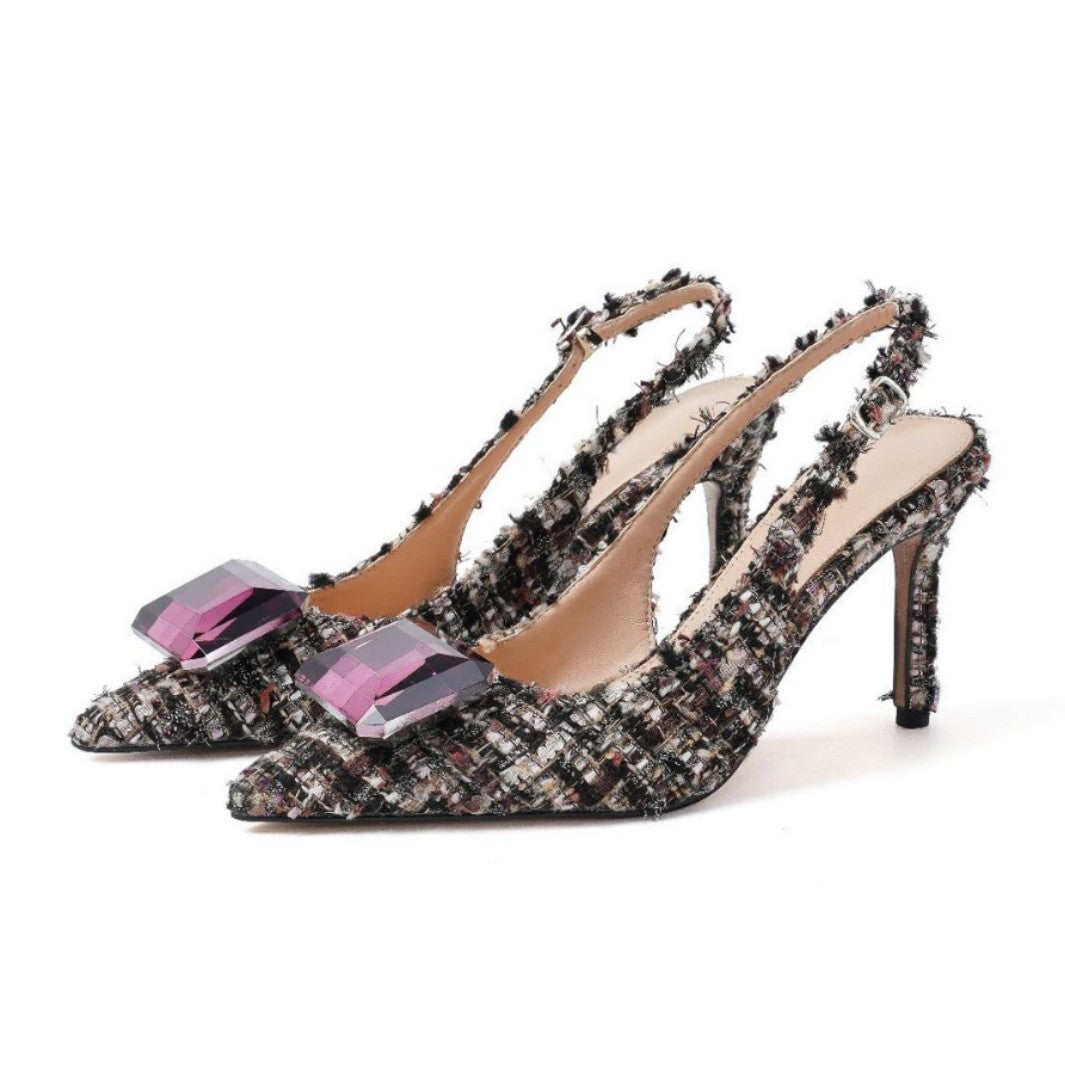 Spring 2026 new temperament toe-wrapped back hollow sandals pointed toe rhinestone thin heel fashion women's shoes woolen lining spring spring