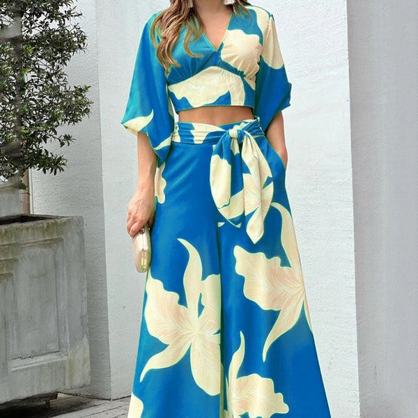 2026 Amazon European and American Women's V-neck lantern sleeves long sleeve short top wide-leg pants fashion suit women's two-piece set