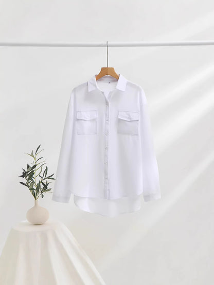 New 2026 European and American Women's Cross-border Western All-Season Versatile Pocket Loose Long Sleeve Turn-down Collar Shirt Top