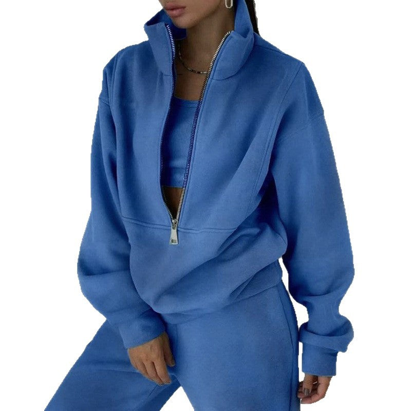 2026 cross-border Amazon European and beautiful women's clothing foreign trade new zipper fleece sweatshirt sports fashion sweatshirt set